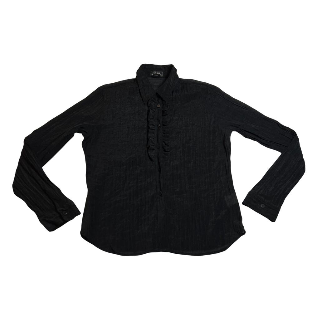 Vintage GUESS Ruffle Trim Button Up Shirt Size XL Semi Sheer Minimalist Y2K 90s
